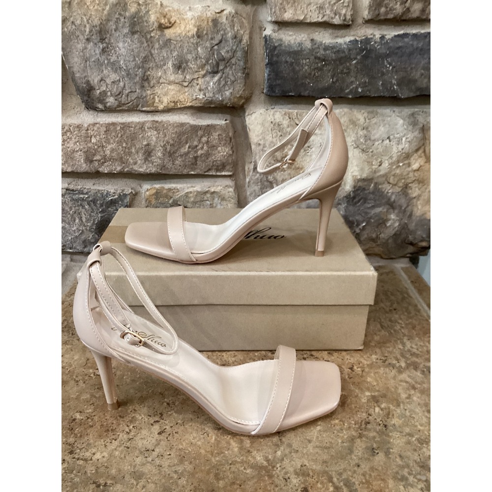 Genshuo Size 7.5 Nude Matte Ankle Strap Stiletto Heels Square Toe Sandals New